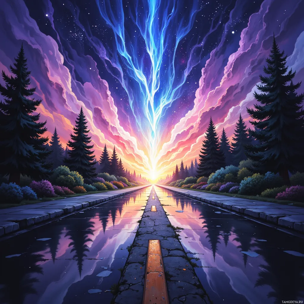 A vibrant, surreal landscape featuring a glowing pathway leading into a starry sky with colorful clouds and tall trees on either side.