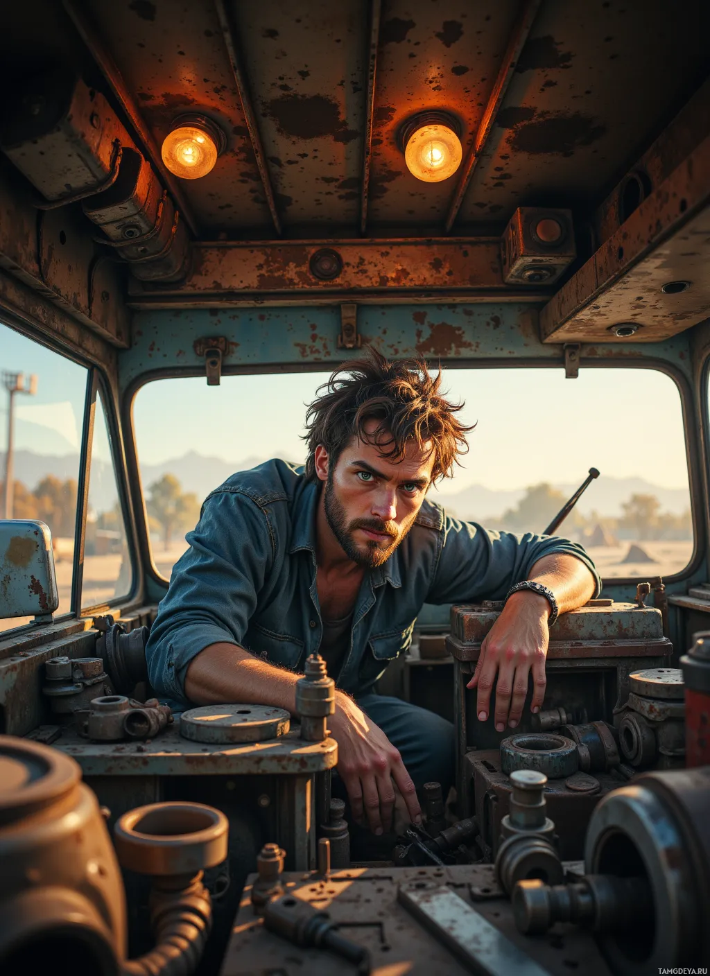 A man in a denim shirt leans on the dashboard of a rusted vehicle, with a rugged, sunlit landscape visible through the windows.