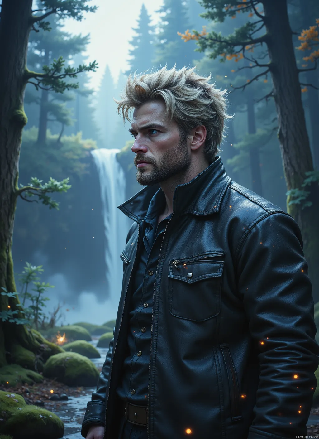 A man in a leather jacket stands in a misty forest with a waterfall in the background.