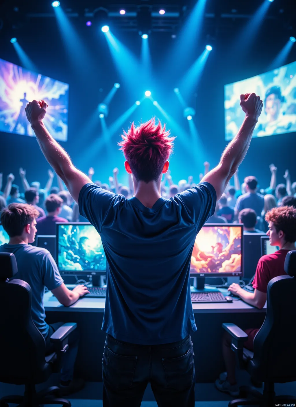 A person with red hair raises their arms in celebration in a gaming arena.