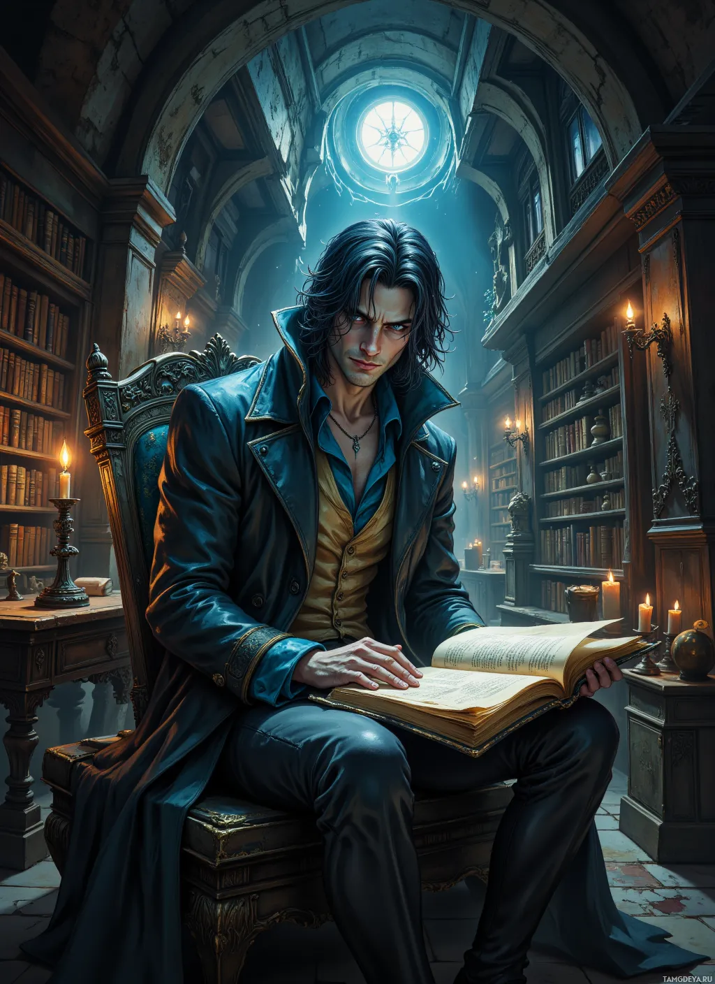 A man in a blue coat sits in an ornate chair, holding an open book in a dimly lit, grand library.