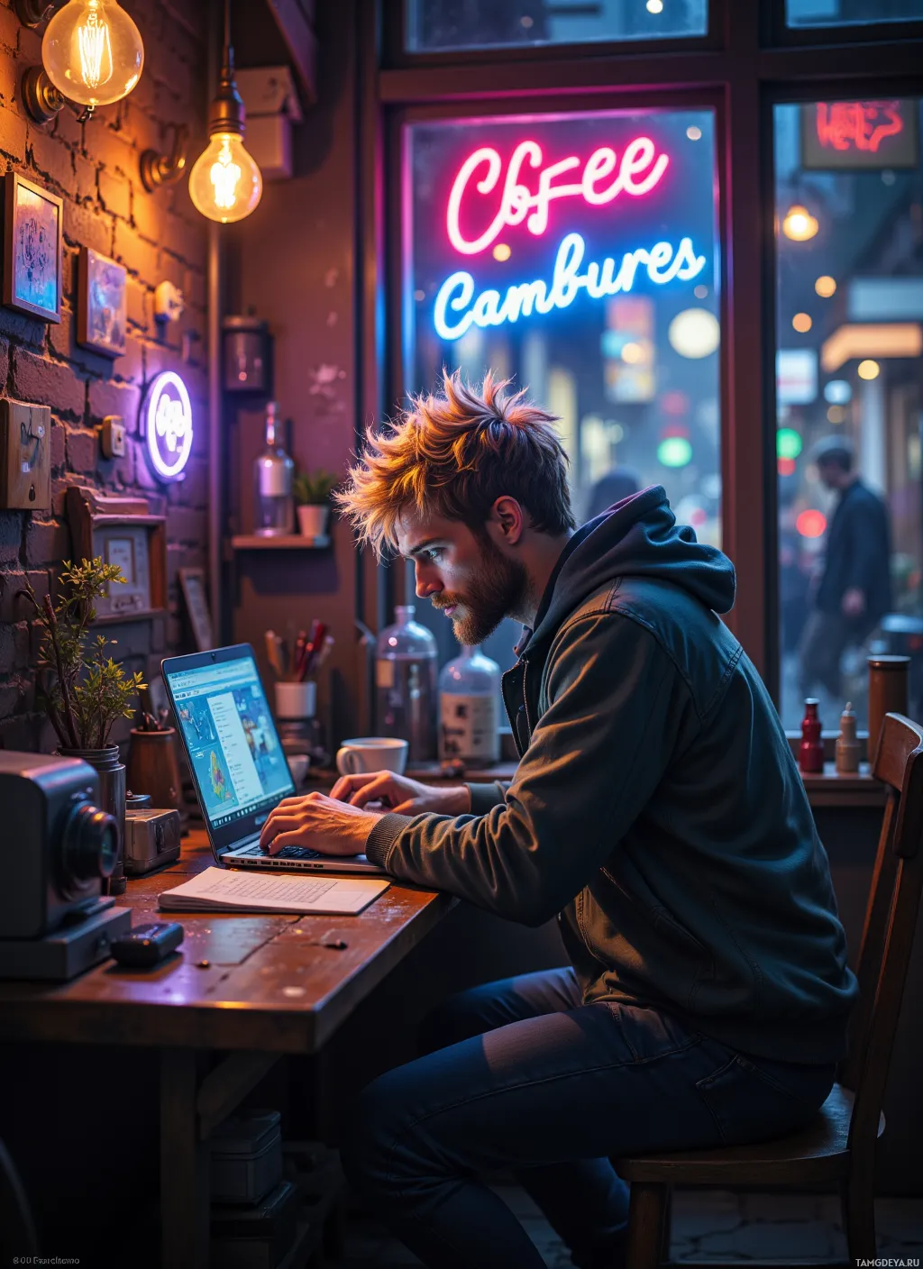 A man works on a laptop in a cozy, dimly lit café with neon signs.