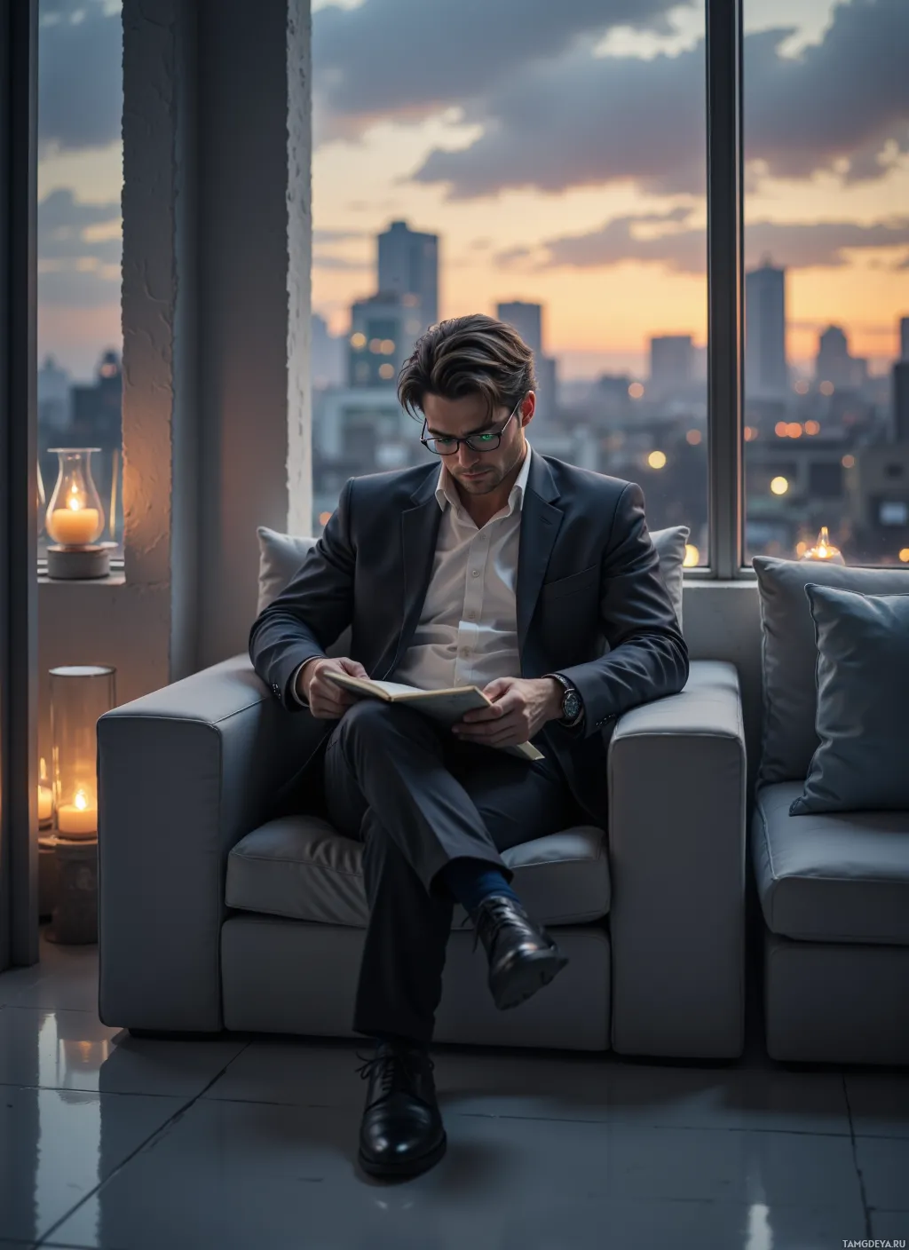 A man in a suit sits on a couch, reading a book with a cityscape and sunset in the background.