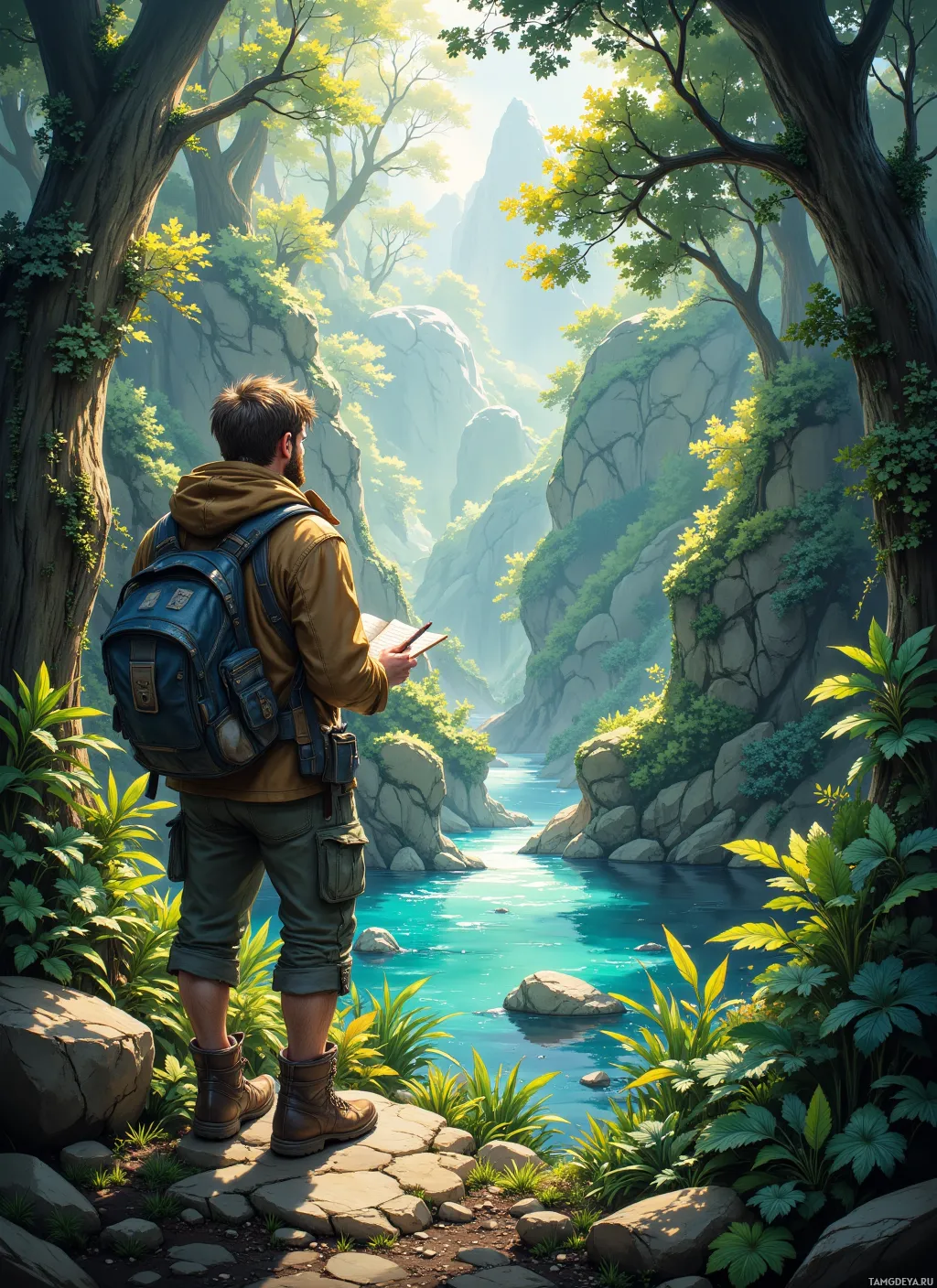 A man with a backpack stands on a rocky path, gazing at a serene river surrounded by lush greenery and towering cliffs.