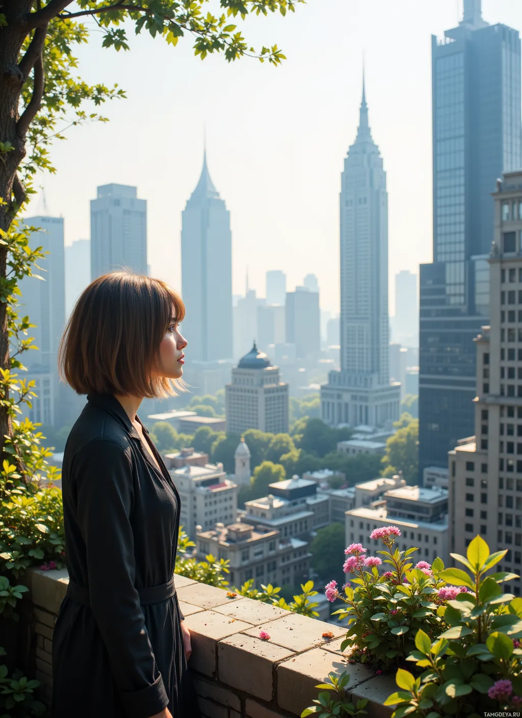 A woman stands on a ledge overlooking a cityscape with tall buildings and greenery.
