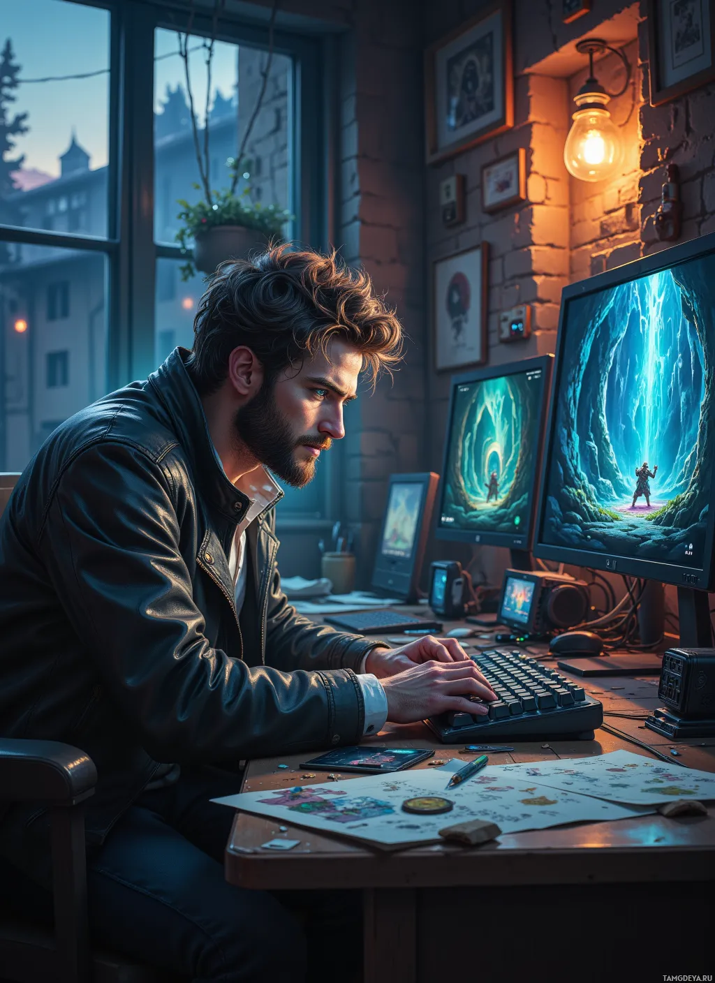 A man works at a desk with multiple monitors displaying fantasy-themed content.