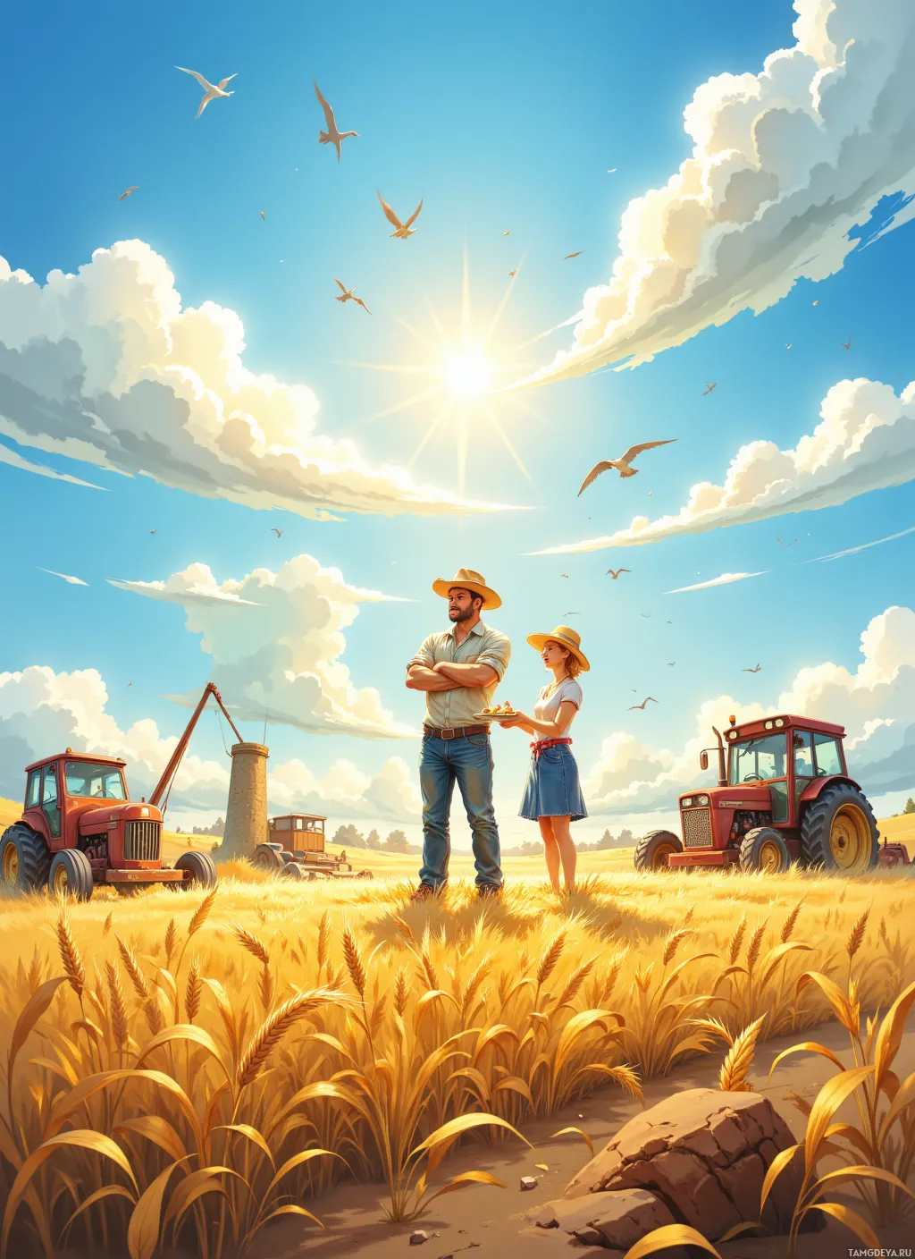A couple in a sunny, rural field with tractors and a windmill.