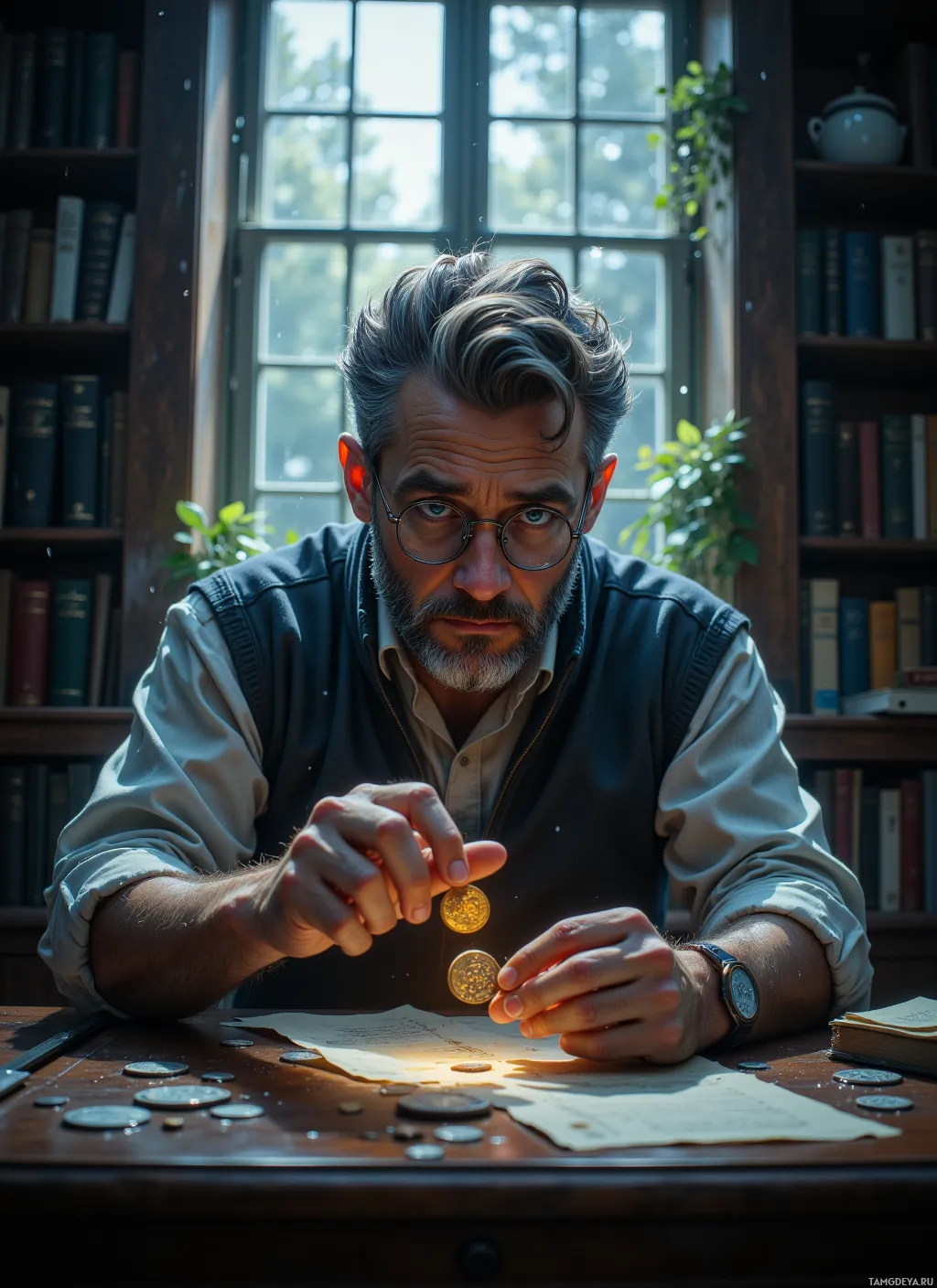 A man in a library examines coins on a desk.