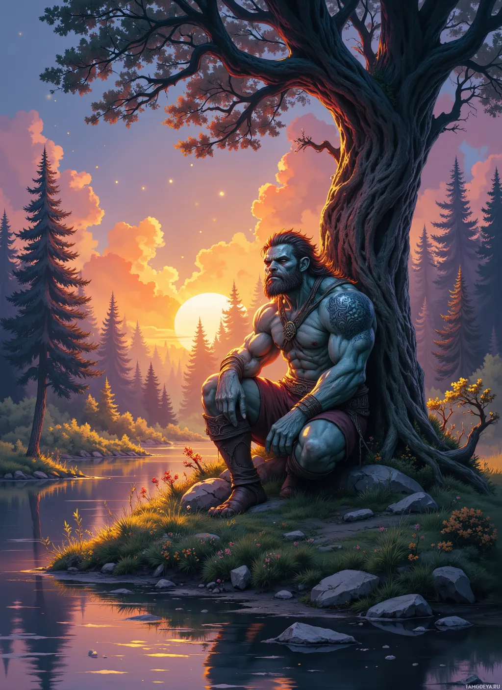 A muscular figure sits contemplatively under a large tree by a serene river at sunset.