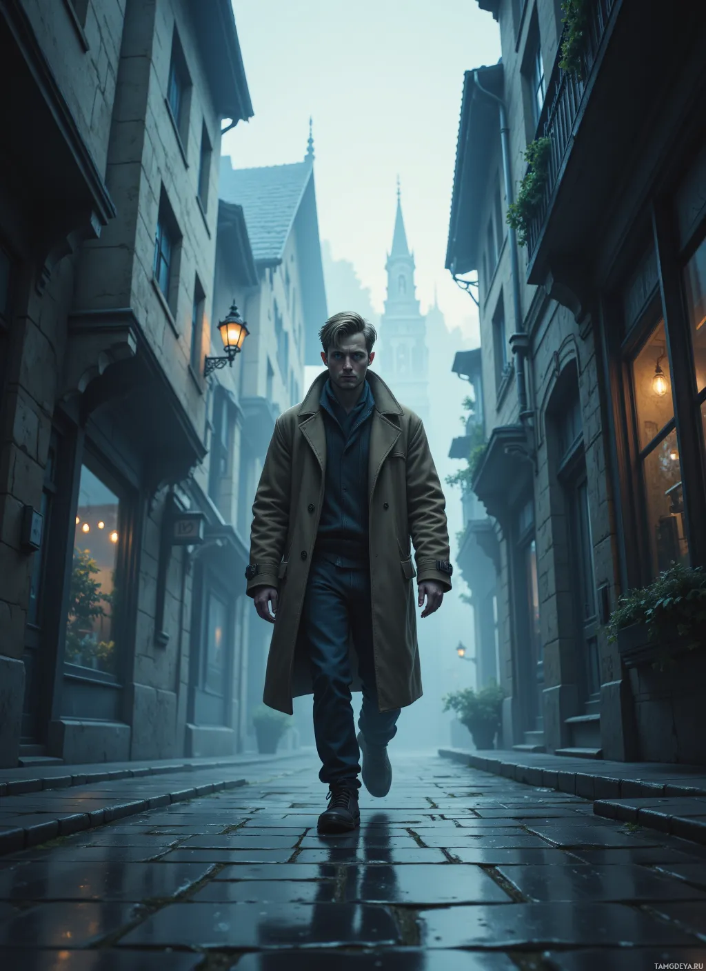 A man in a trench coat walks down a foggy, cobblestone street lined with old buildings.