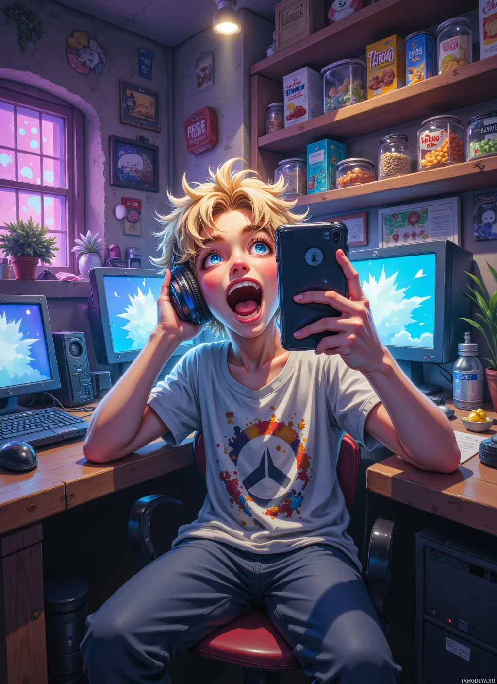 A person wearing headphones and a t-shirt with a colorful logo is sitting in a room with shelves of snacks and a computer setup.