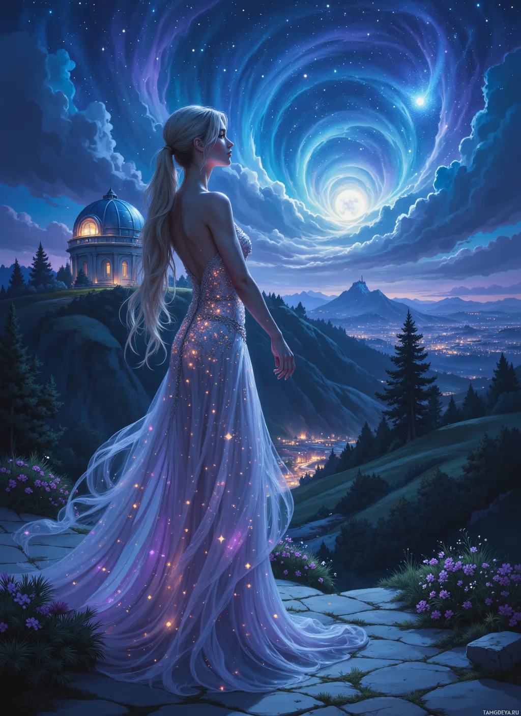 A woman in a sparkling gown gazes at a swirling starry sky above a serene landscape.