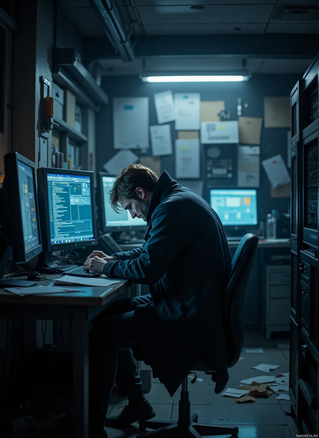 A person is working at a desk in a dimly lit room with multiple computer monitors and papers on the wall.