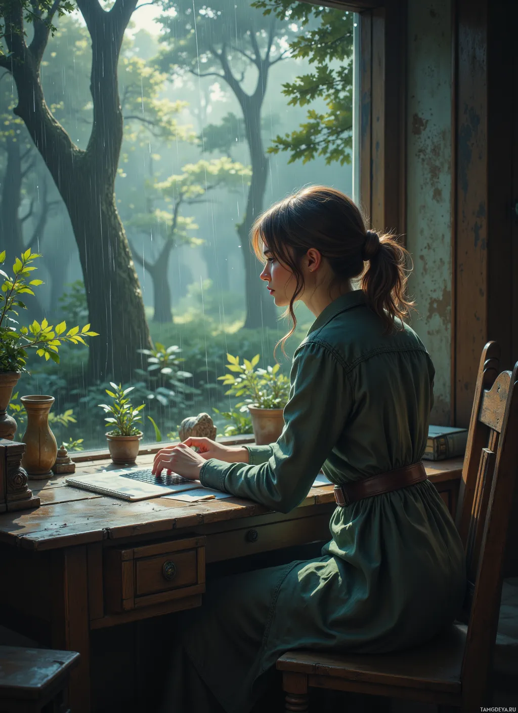 A woman sits at a desk by a window, typing on a laptop, with a rainy forest scene outside.