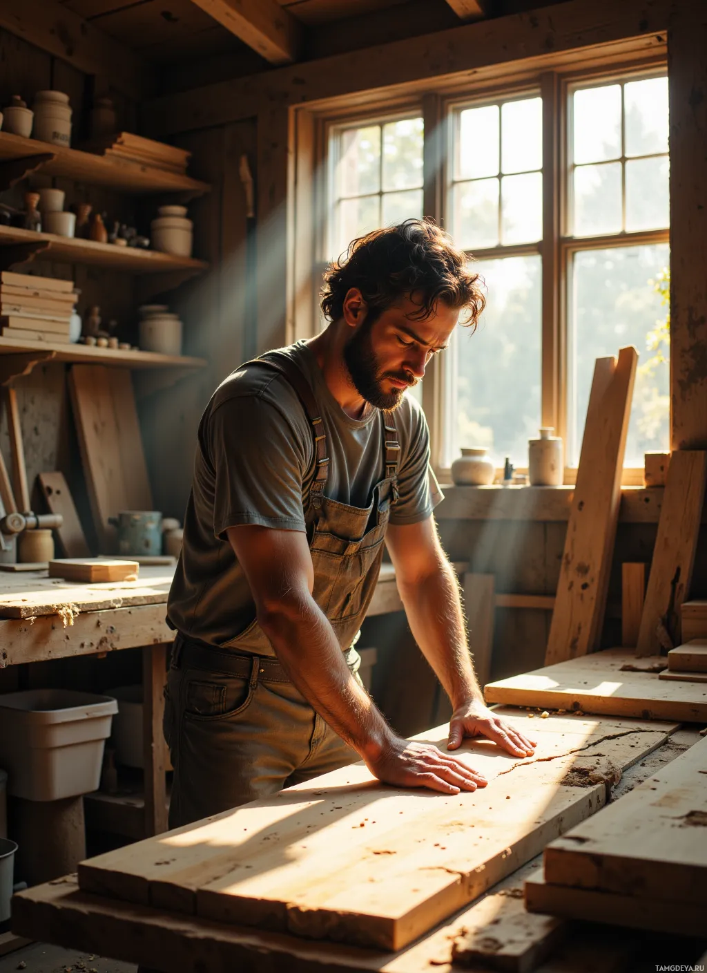 A man in a workshop, focused on a piece of wood.