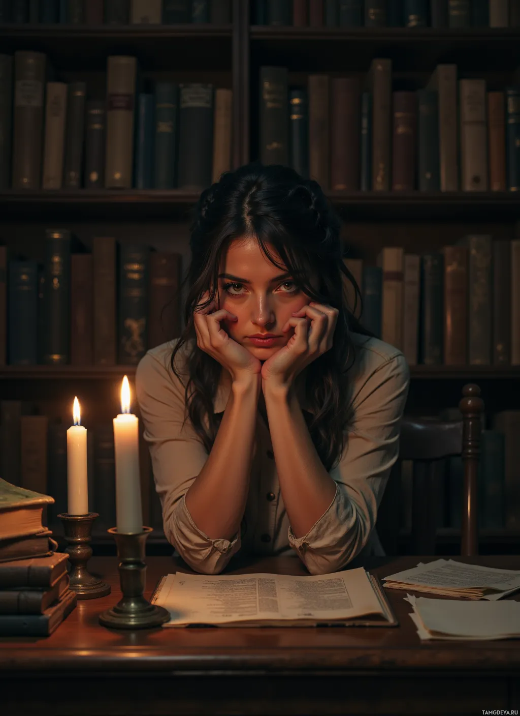 A woman sits at a desk in a dimly lit room, surrounded by books and candles, appearing contemplative.