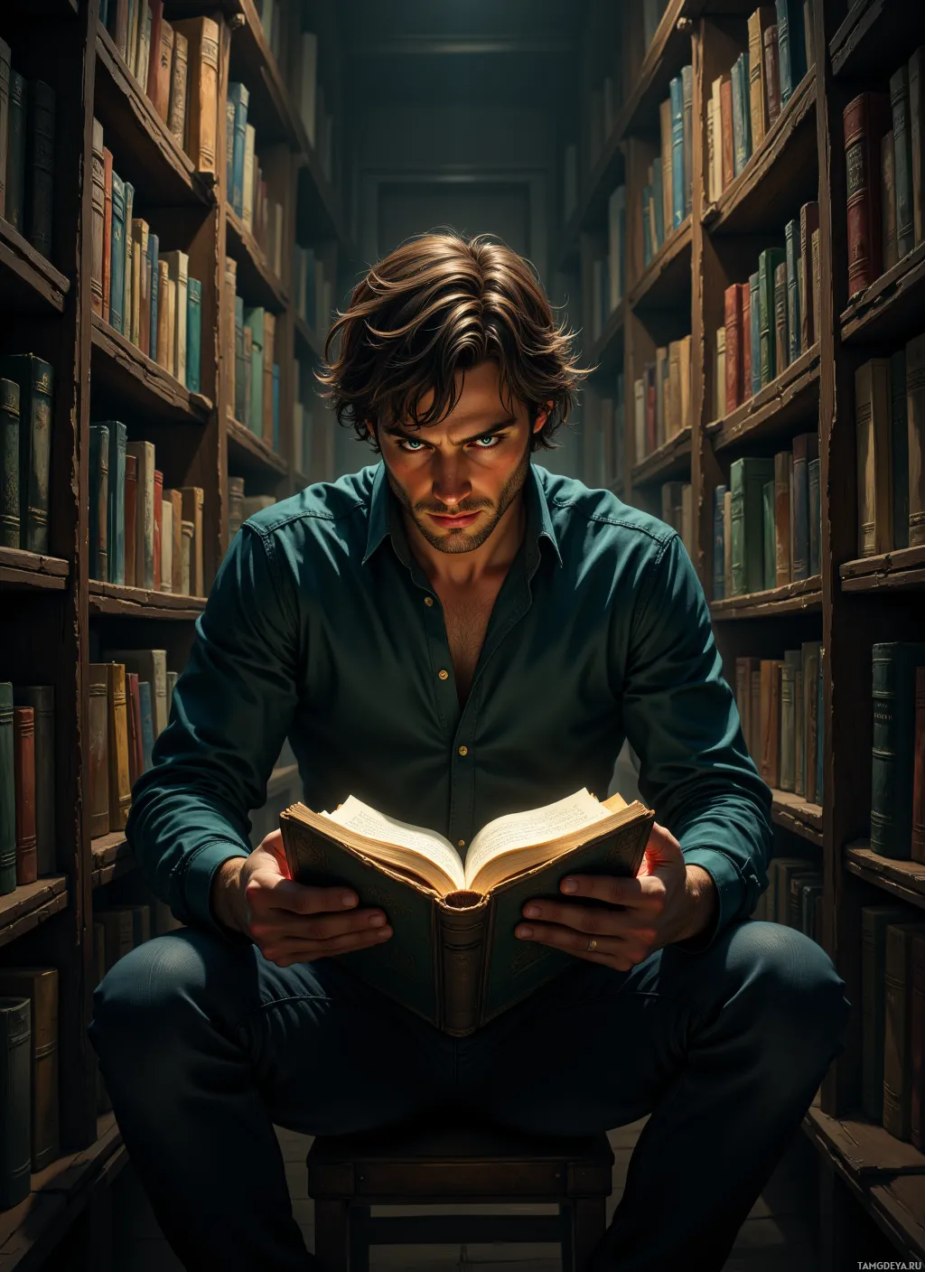 A man sits in a library, engrossed in reading an open book.