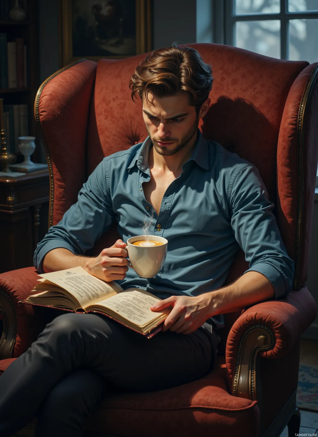 A man sits in a red armchair, reading a book and holding a steaming cup of coffee.