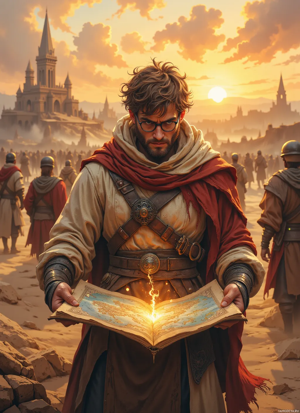 A man in medieval attire holds an illuminated map, with a castle and soldiers in the background.