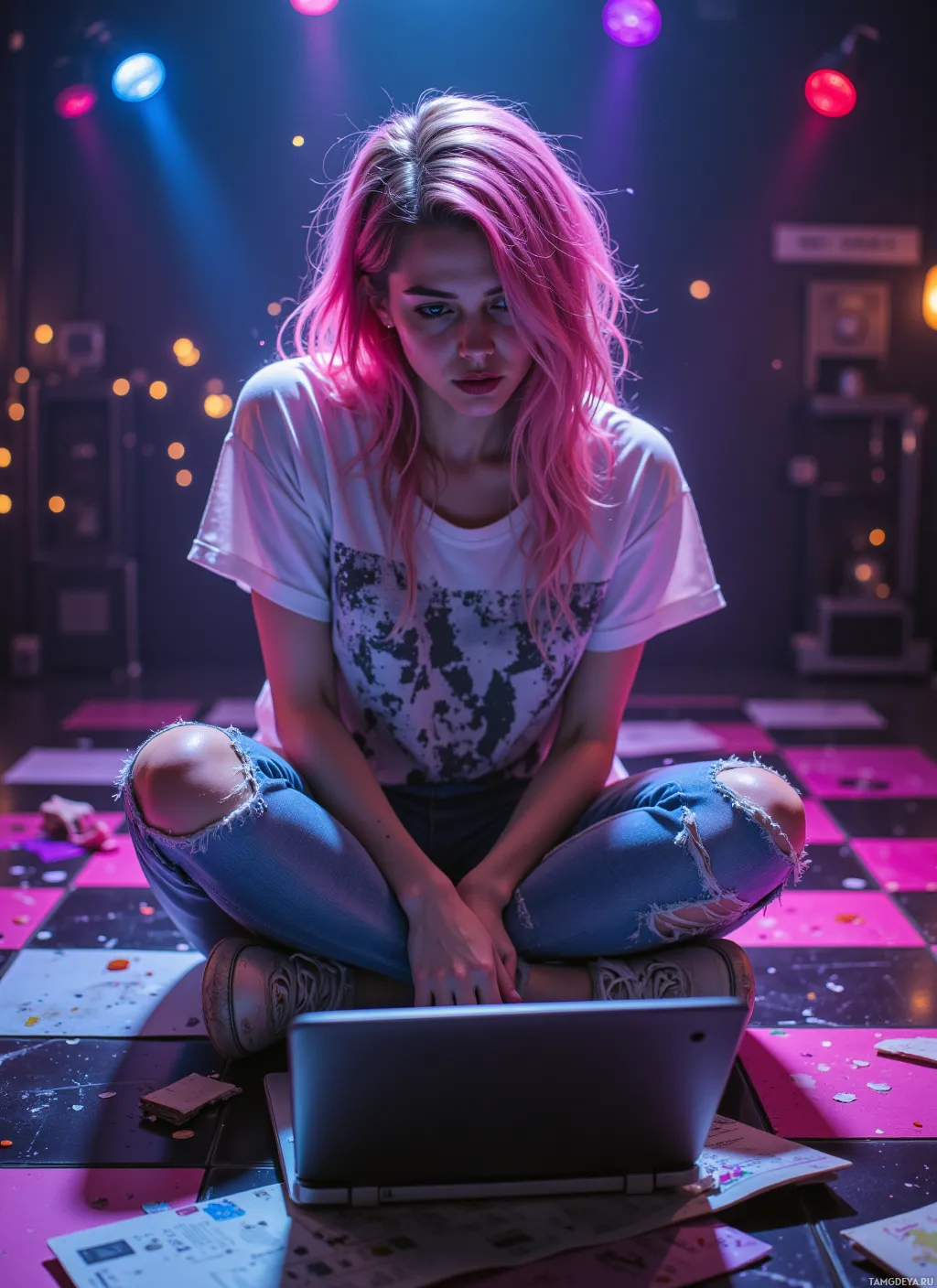 A person with pink hair sits cross-legged on the floor, using a laptop in a dimly lit room with colorful lighting.