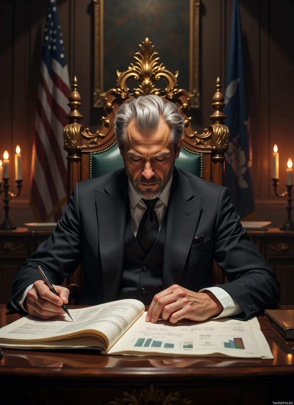 A man in a suit sits at a desk, writing in a book with a pen.