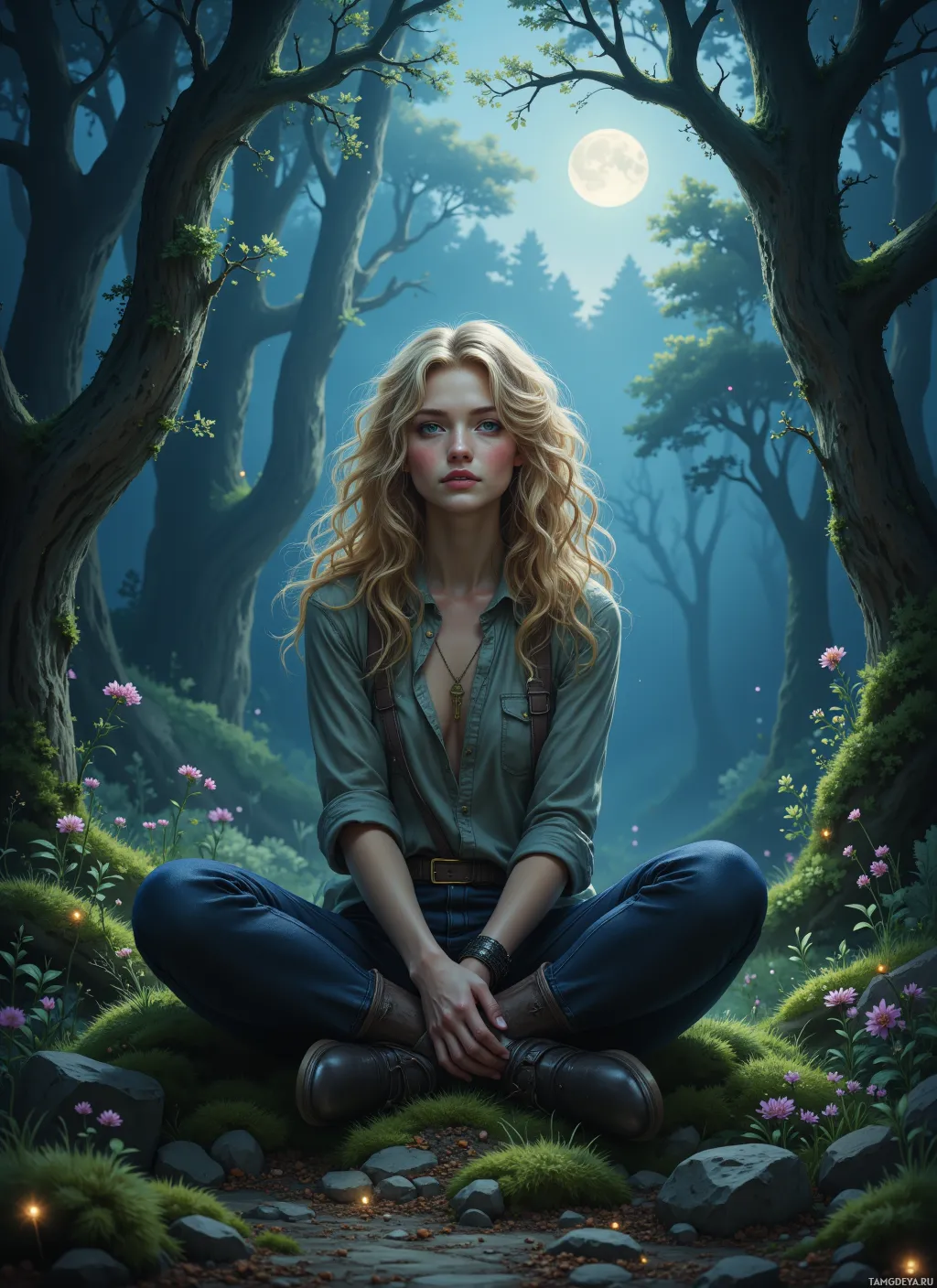 A woman sits cross-legged in a serene forest under a full moon.