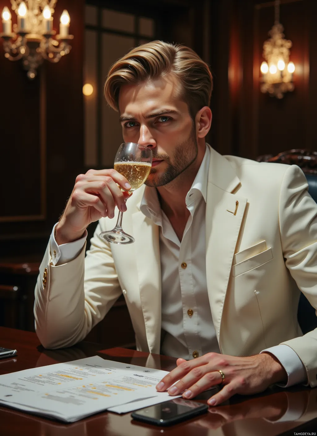 A man in a white suit holds a glass of champagne while seated at a table with a menu and a phone.