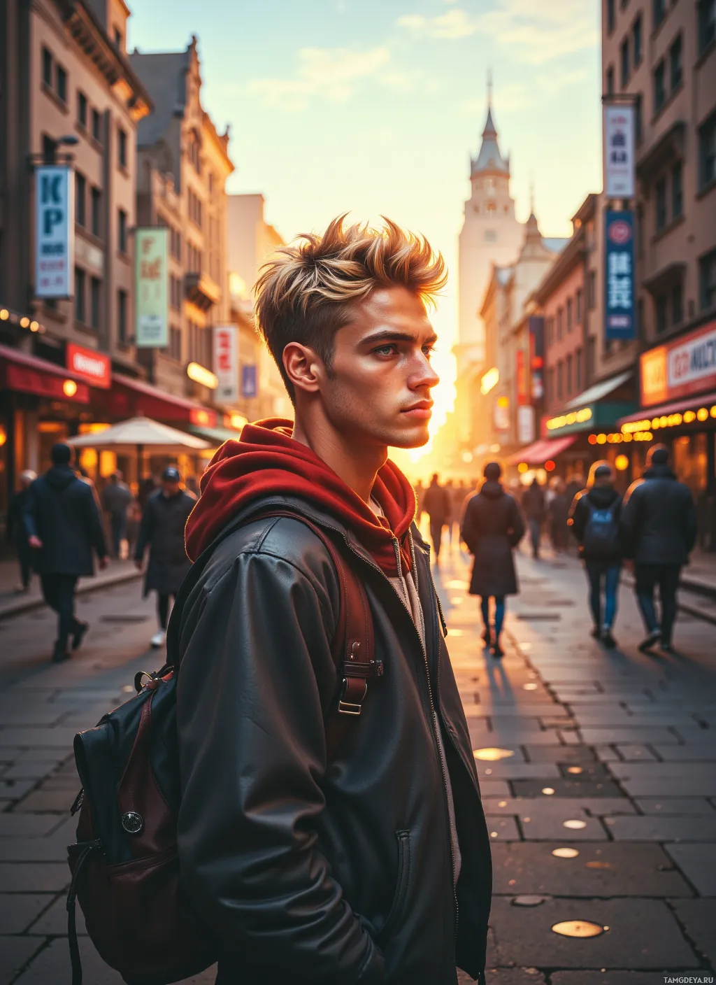 A young man with a backpack stands on a city street at sunset.