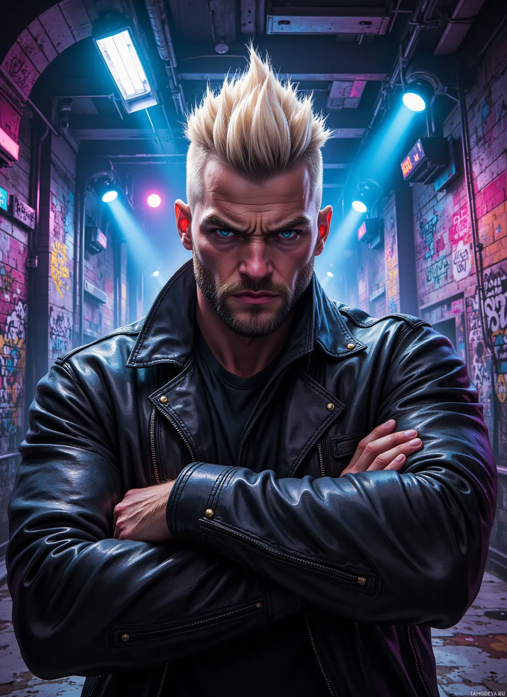 A man with spiky blonde hair and a leather jacket stands with his arms crossed in a dimly lit alleyway.