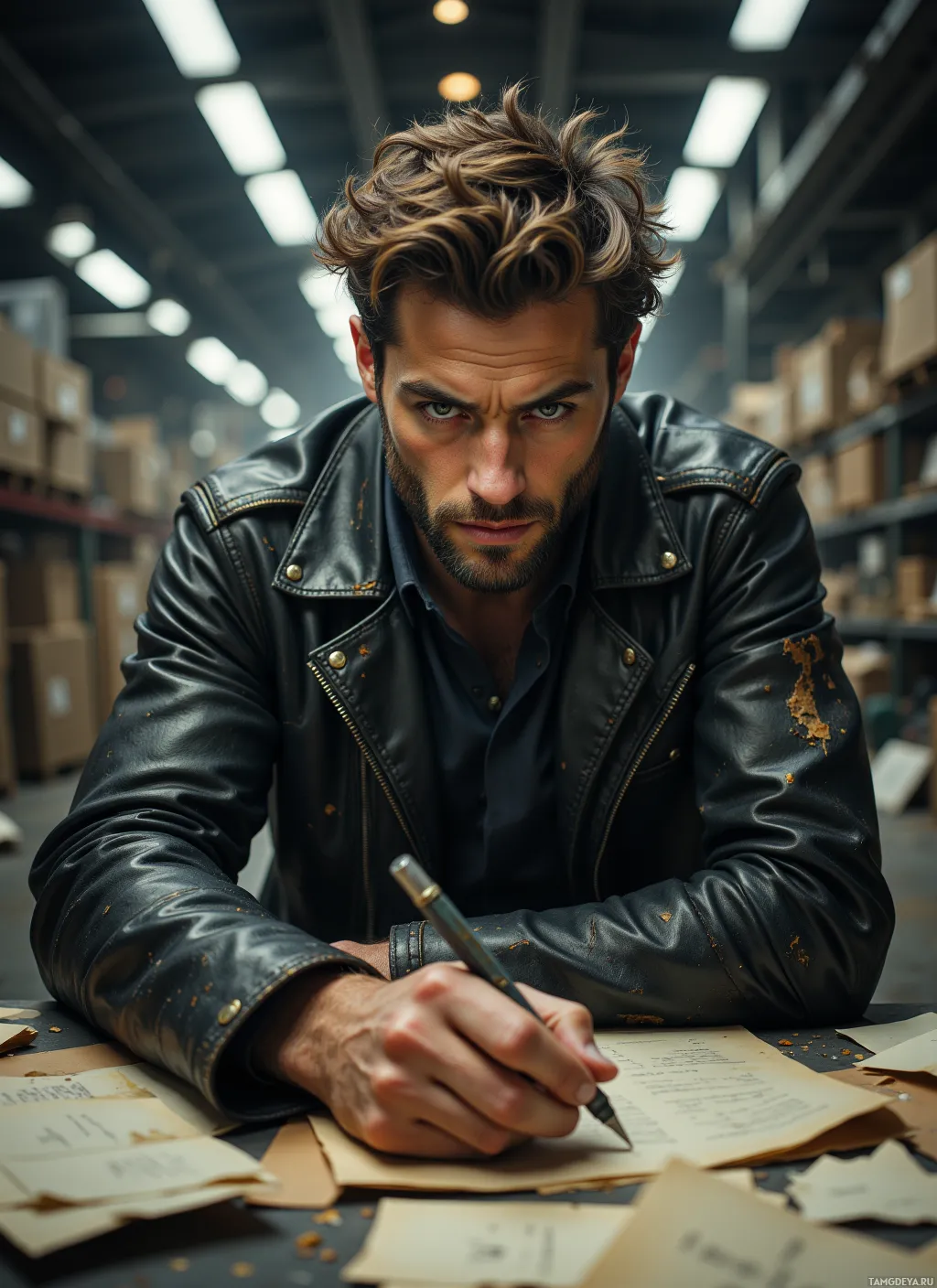 A man in a leather jacket is writing on a piece of paper in a warehouse setting.