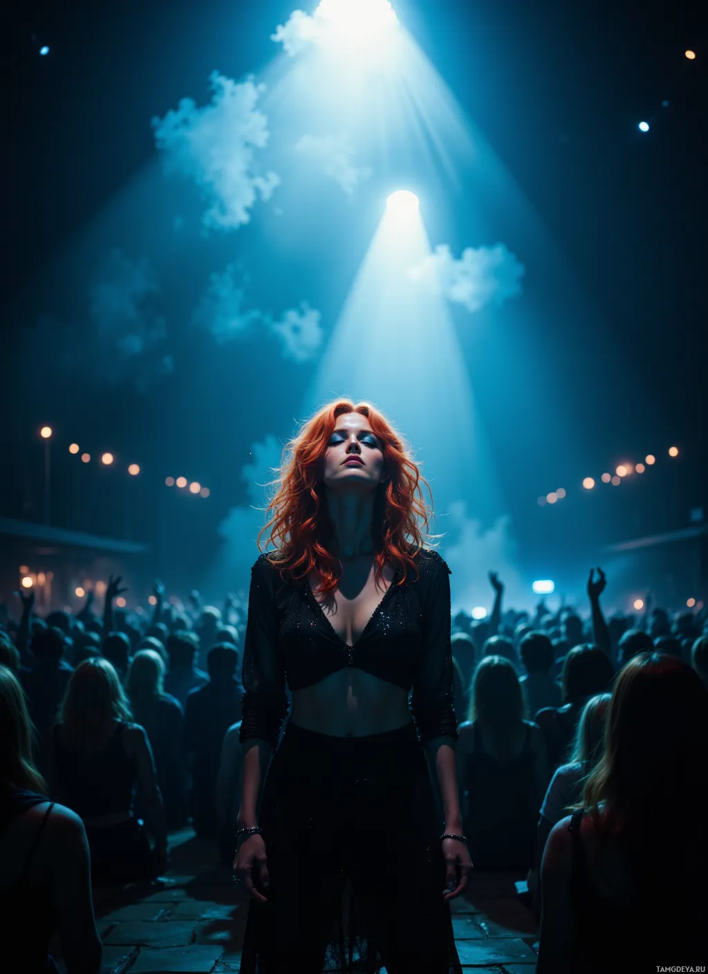 A woman with red hair stands on a stage under bright spotlights, surrounded by a crowd of people.