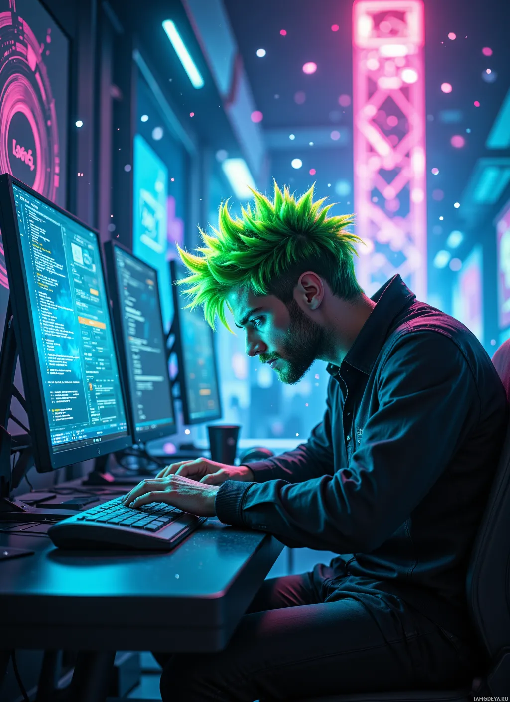 A person with green spiky hair works on a computer in a neon-lit room.