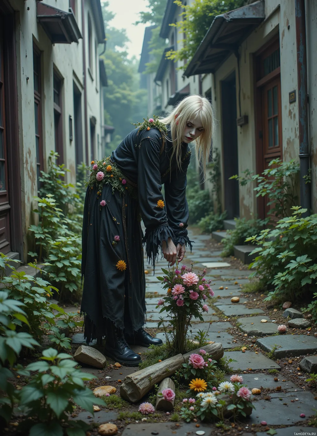 A person in a dark, fringed outfit stands in a narrow alleyway, surrounded by greenery and flowers.