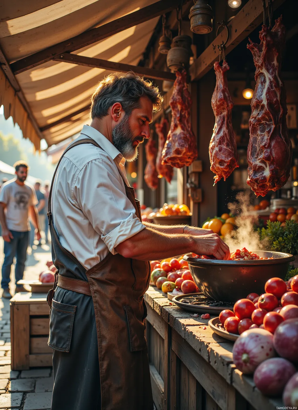 A man in an apron prepares food at a market stall with hanging meat and fresh produce.