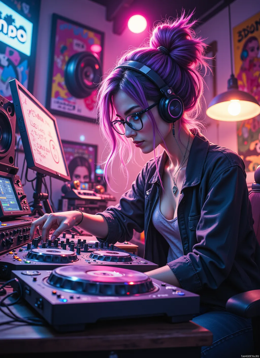 A person with purple hair and glasses is DJing in a vibrant, neon-lit room.