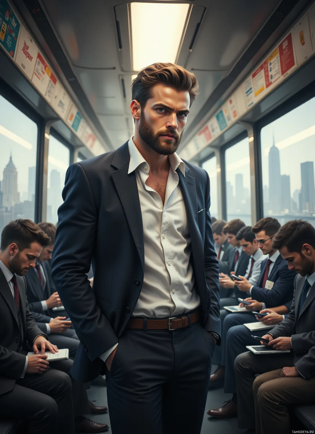 A man in a suit stands in a train with other passengers seated.