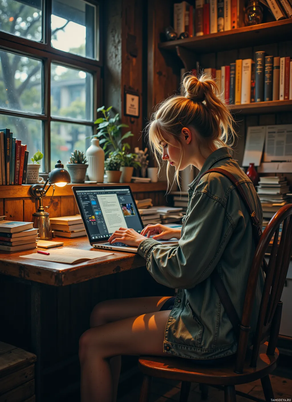A woman is sitting at a desk in a cozy room, working on a laptop.