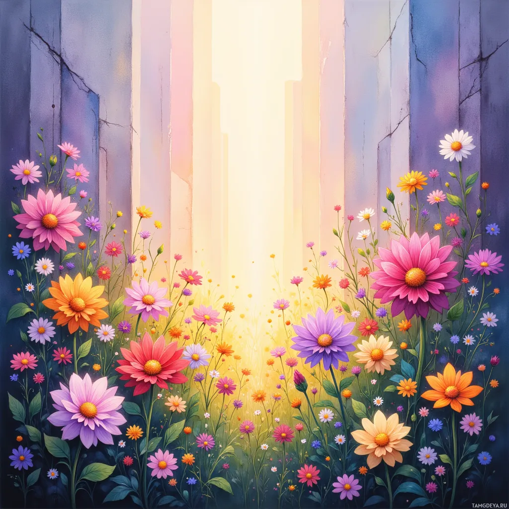 A vibrant garden scene with colorful flowers and a glowing light source in the background.