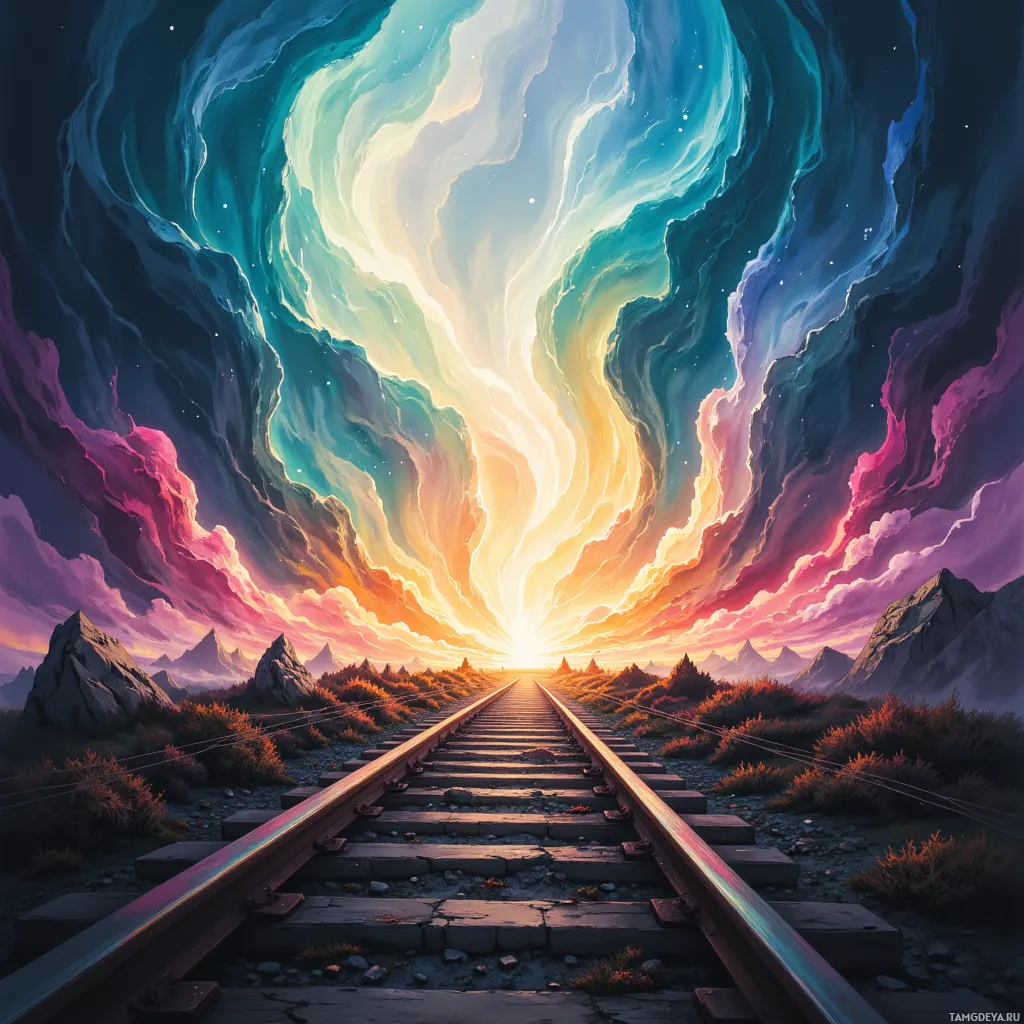 A vibrant, surreal landscape featuring a railway track leading into a dramatic sky with swirling clouds and a radiant horizon.