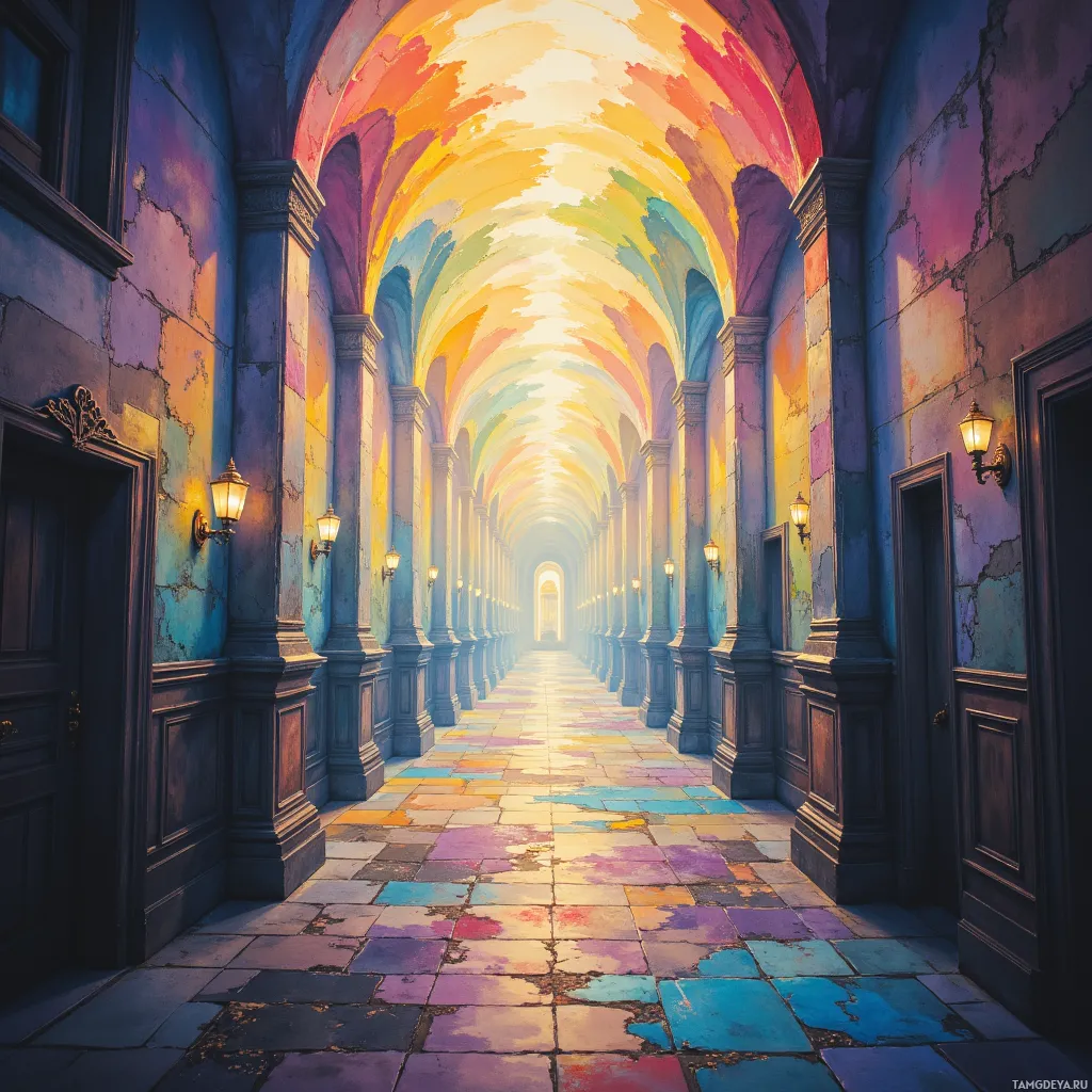 A vibrant, colorful hallway with arched ceilings and warm lighting.