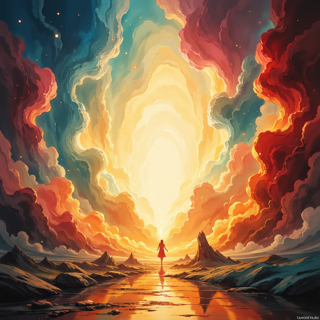 A person stands at the edge of a reflective path leading towards a radiant, ethereal light in a surreal landscape with vibrant, swirling clouds.