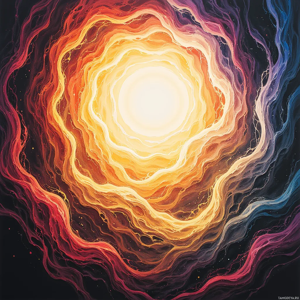 A vibrant, swirling pattern of warm colors radiates outward from a bright center against a dark background.