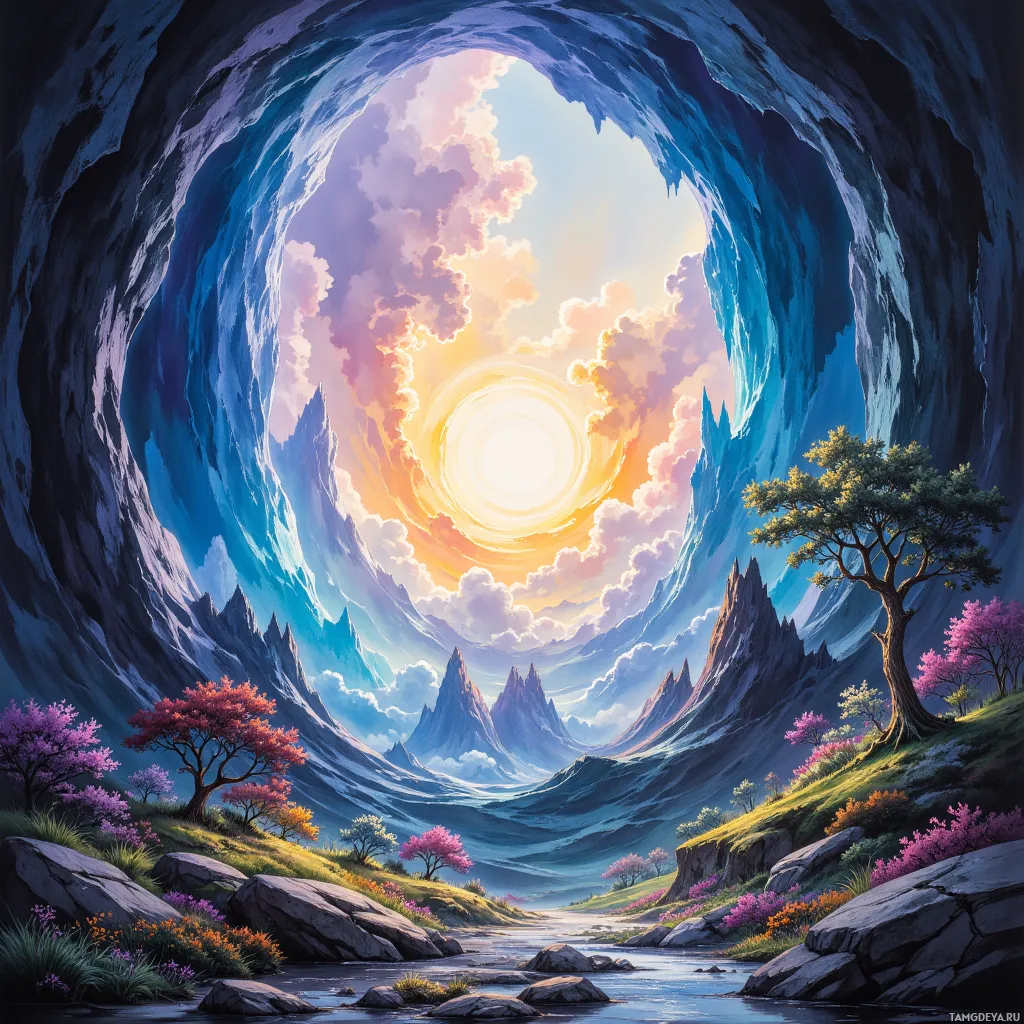 A serene landscape with a cave opening to a vibrant sky, featuring a river, trees, and rocky terrain.