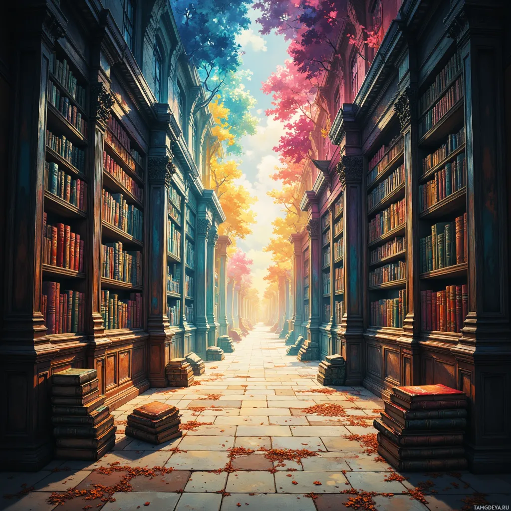 A serene library alleyway lined with bookshelves and autumn leaves on the ground.