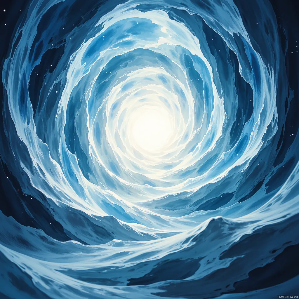 A swirling vortex of blue and white light against a dark background.