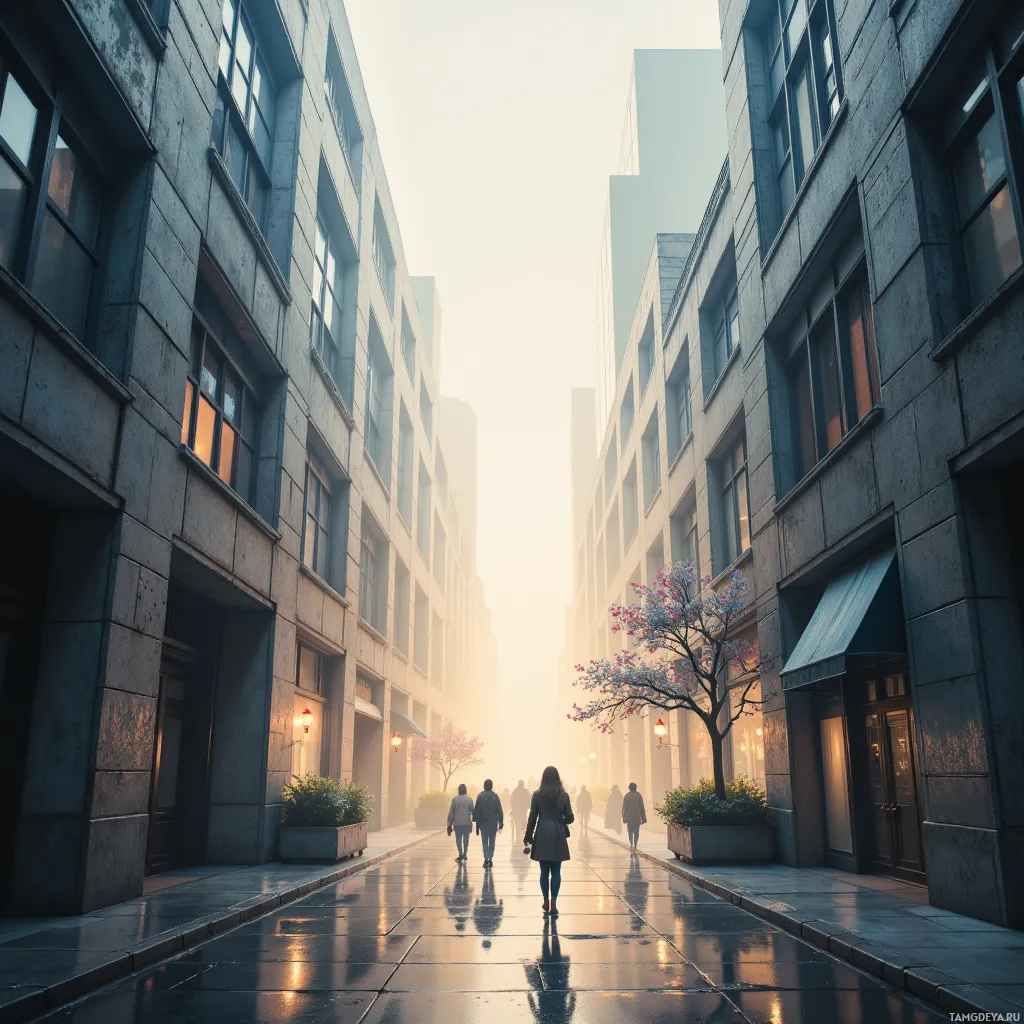 A serene city street scene with people walking, tall buildings, and a tree with blossoms.