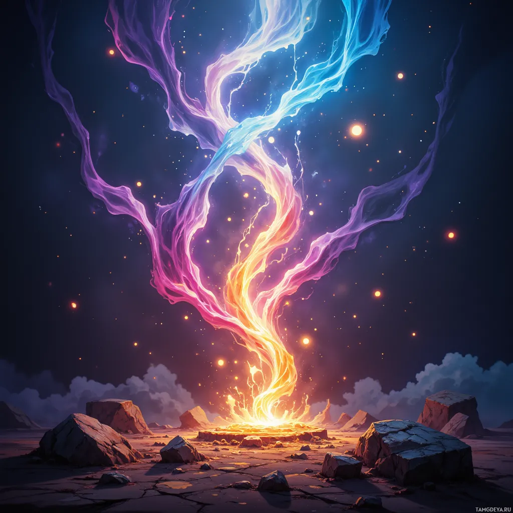 A vibrant, cosmic scene featuring swirling energy streams in blue, purple, and orange hues rising from a rocky landscape against a starry night sky.