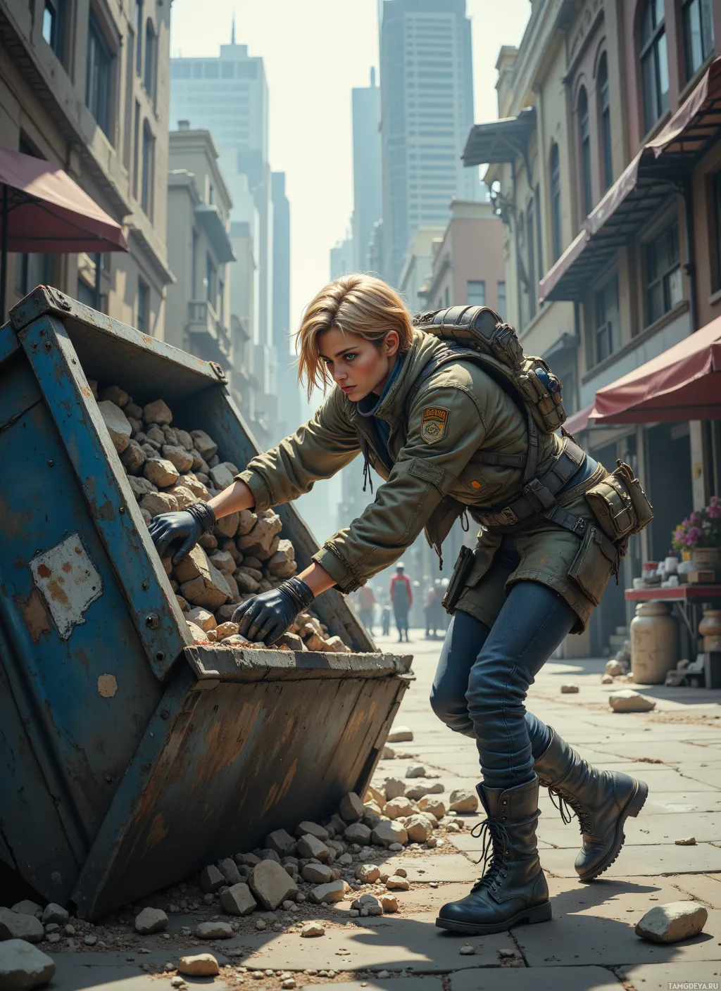 A person in a military-style outfit leans over a dumpster filled with rocks in an urban setting.