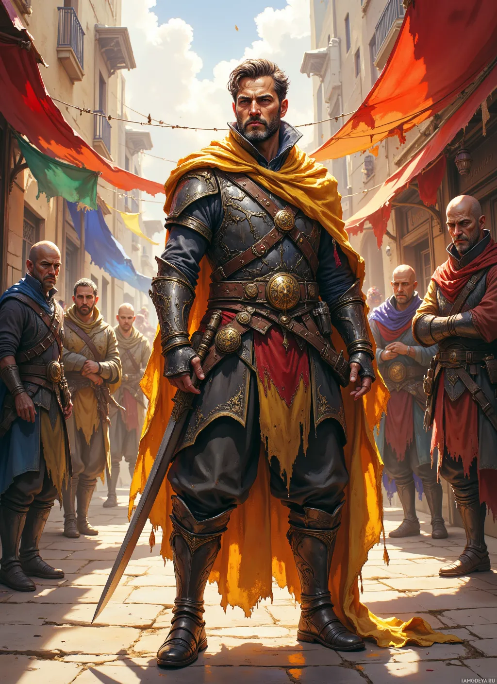 A man in ornate armor stands confidently in a bustling street market.