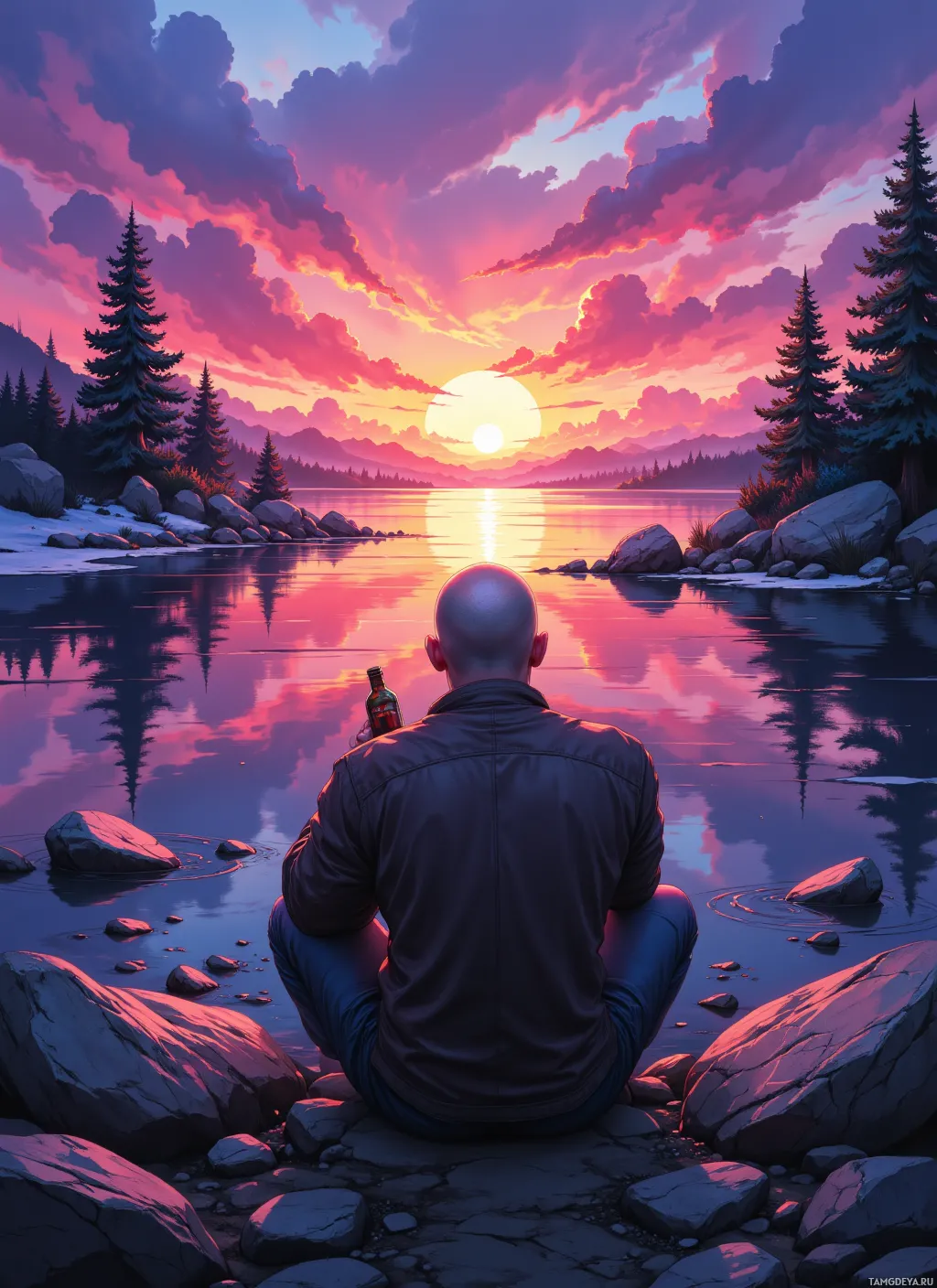 A person sits on rocks by a calm lake, watching a vibrant sunset with a bottle in hand.